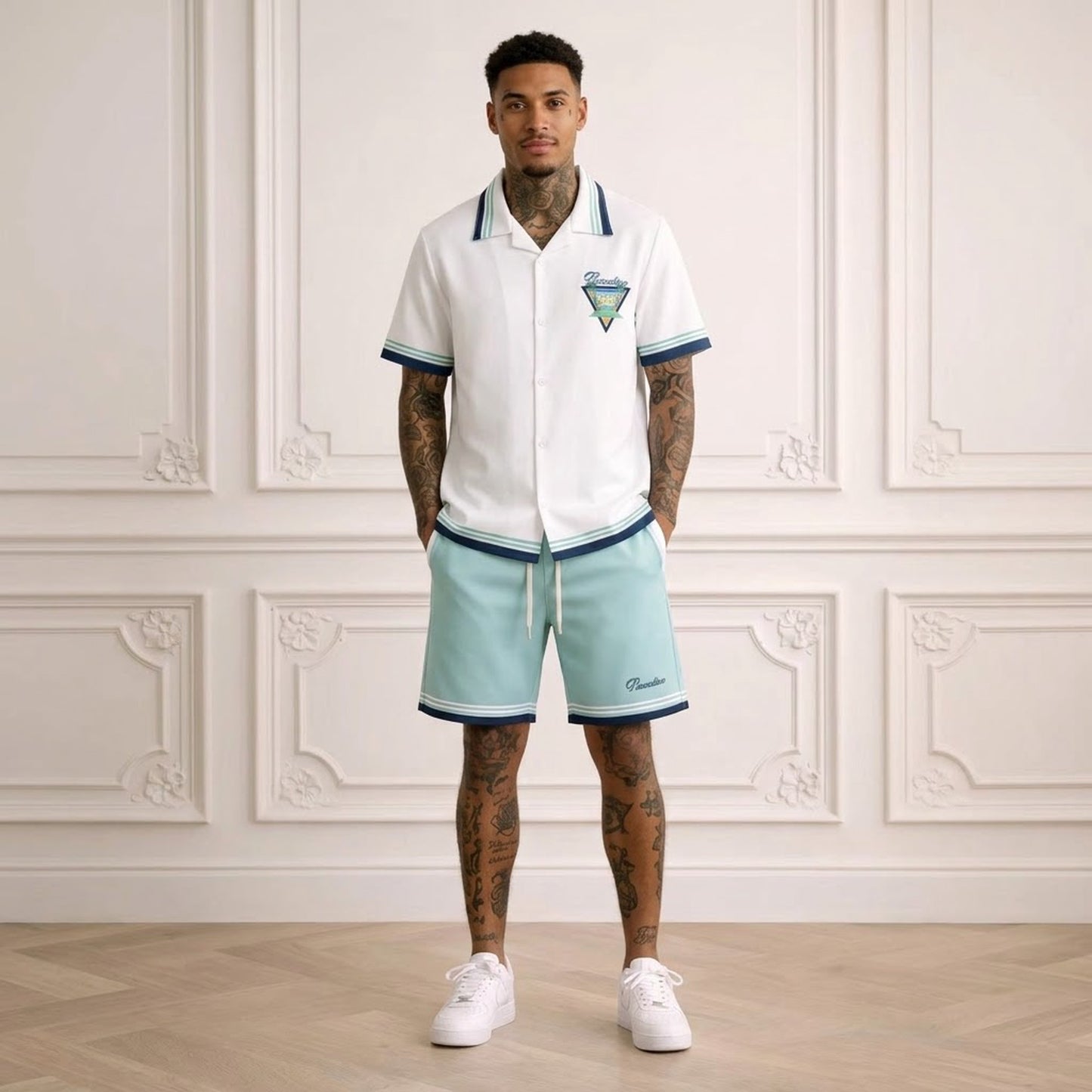 Ensemble Chemise & Short Paradise Club — Blanc & Bleu Lagon